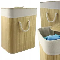 WOLNOSTOJĄCY KOSZ NA PRANIE 60 L BAMBUSOWY Z POKRYWKĄ MATERIAŁOWY WKŁAD