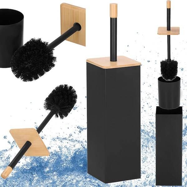 Szczotka do toalety z pojemnikiem metalowym, bambusowa WC brązowo-czarna zdjęcie 1