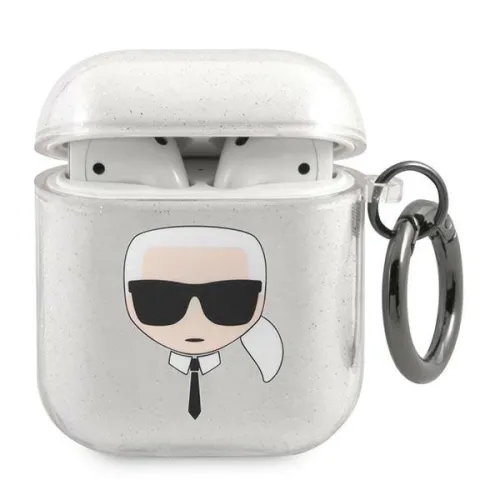 Etui Karl Lagerfeld Glitter Karl's Head na AirPods 1/2 - srebrne na Arena.pl