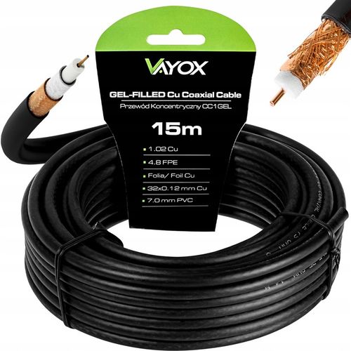 KABEL KONCENTRYCZNY PRZEWÓD ANTENOWY ŻEL CZARNY CU ZIEMNY MIEDŹ VAYOX 15m na Arena.pl