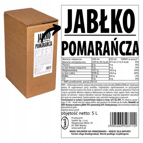 Sok jabłko pomarańcza 100% z jabłek i pomarańczy 5L naturalny dla rodziny na Arena.pl