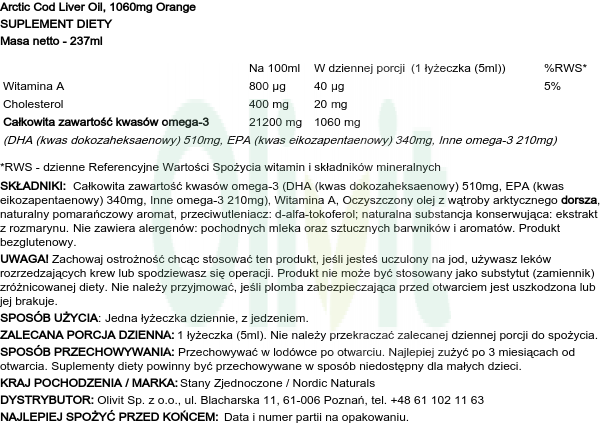Omega-3 1060 mg, Pomarańcza, 237ml zdjęcie 2