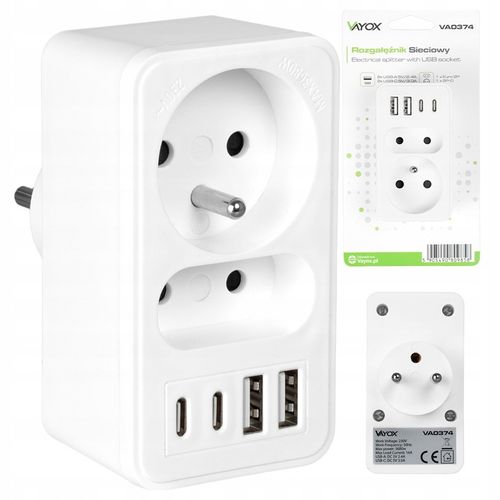 ROZGAŁĘŹNIK ELEKTRYCZNY 2 GNIAZDA ZŁODZIEJKA ŁADOWARKA 2x USB-C 2xUSB VAYOX na Arena.pl