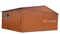 GARAŻ BLASZANY 6m x 5m pion - dwuspad 2x Brama uchylna + drzwi + okno jasny orzech BOX12 6x5