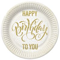 Talerzyki papierowe Happy Birthday To You biało-złote, 23 cm 8 szt.