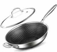 SREBRNY WOK Z RĄCZKĄ I POKRYWKĄ ZE STALI NIERDZEWNEJ - 32CM
