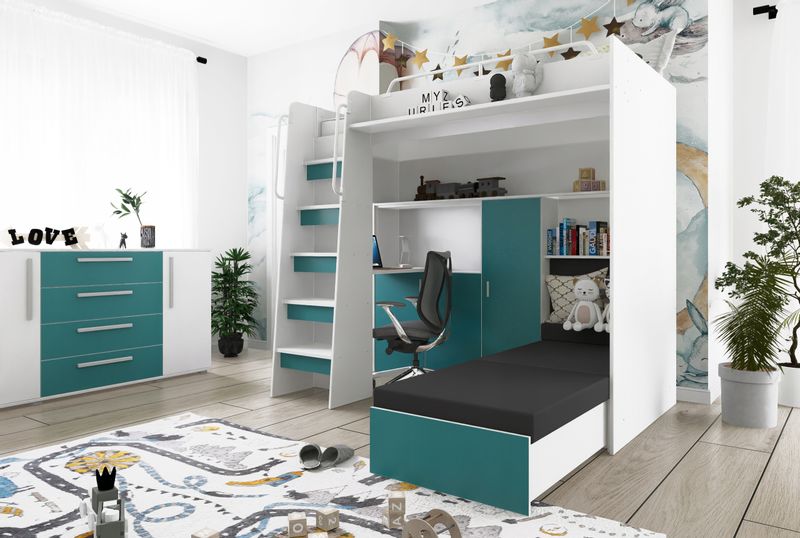 Łóżko piętrowe JSM7 z sofą i biurkiem biały mat + materac Gratis! zdjęcie 2