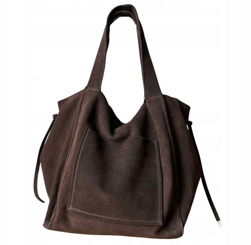 Czekoladowa zamszowa torebka shopper worek XL ZAMSZ NATURALNY Vera Pelle A4 na Arena.pl