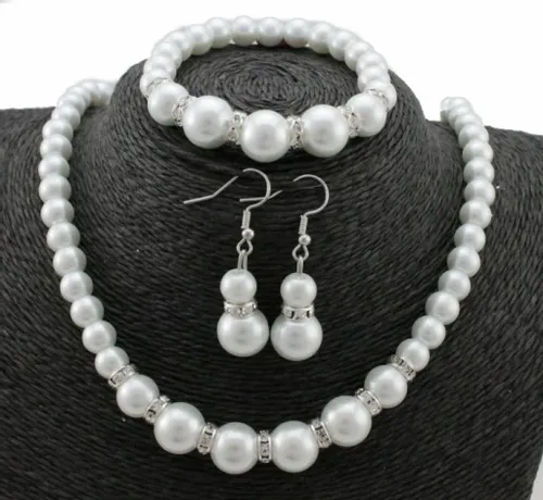 KOMPLET 3 CŻĘŚCIOWY ELEGANCKI BIAŁE PERŁY CYRKONIE na Arena.pl