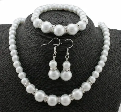 KOMPLET 3 CŻĘŚCIOWY ELEGANCKI BIAŁE PERŁY CYRKONIE zdjęcie 1
