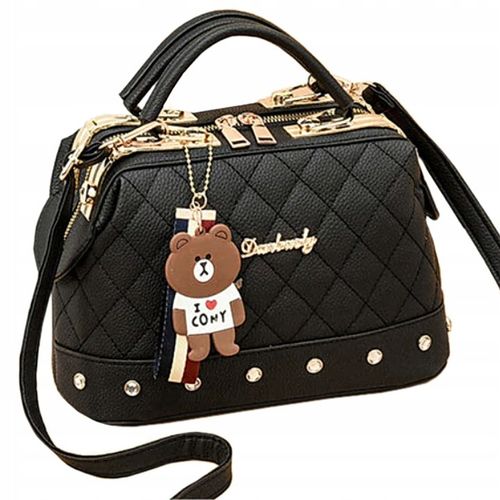 CZARNA TOREBKA Ramię Klasyczna PIKOWANA MIŚ Złote Dodatki Kuferek na Arena.pl