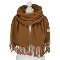 duży, jasnobrązowy szal damski ozdobiony frędzlami - peterson