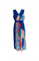 Elegancka Midi Wzorzysta Sukienka Z Paskiem Plisowany Dół Kobalt L 40