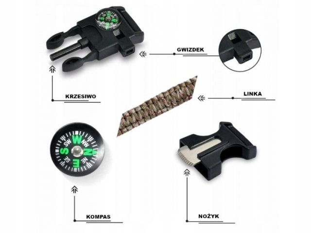 BRANSOLETKA SURVIVAL 5w1 PARACORD KRZESIWO KOMPAS zdjęcie 2
