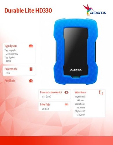 Adata Durable Lite HD330 1TB 2.5'' USB3.1 Niebieski na Arena.pl