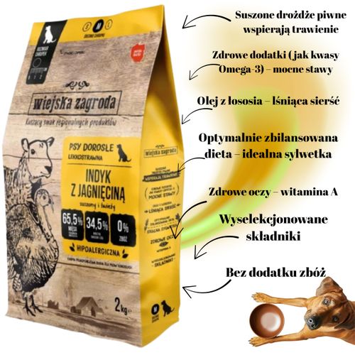 sucha karma dla psa indyk z jagnięciną m 2kg wiejska zagroda hipoalergiczna na Arena.pl