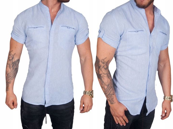 Koszula lniana kołnierzyk błękitna BG-1 rozm. 3XL zdjęcie 1