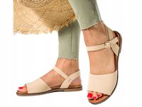BEŻOWE SANDAŁY DAMSKIE NA OZDOBNEJ PŁASKIEJ PODESZWIE KLASYCZNE LEKKIE r 39