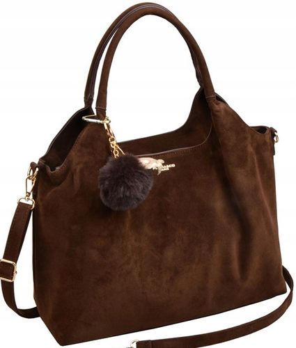 Torebka Flora&Co czekoladowa SHOPPER eco zamsz z brelokiem pompon na Arena.pl