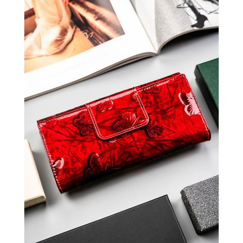 elegancki portfel damski ze skóry naturalnej w czerwonym kolorze, zamykany na Arena.pl