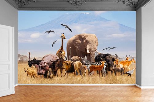 Fototapeta LEW SŁOŃ ŻYRAFA ZEBRA PTAKI 370x250 na Arena.pl