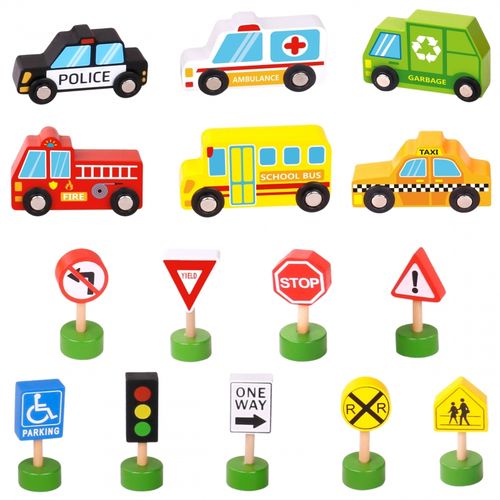 WOOPIE GREEN Zestaw Drewnianych Pojazdów i Znaków Drogowych 15 el. na Arena.pl