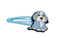 Dziewczęca niebieska spinka na zatrzask klik szaro-biały piesek 5,5cm