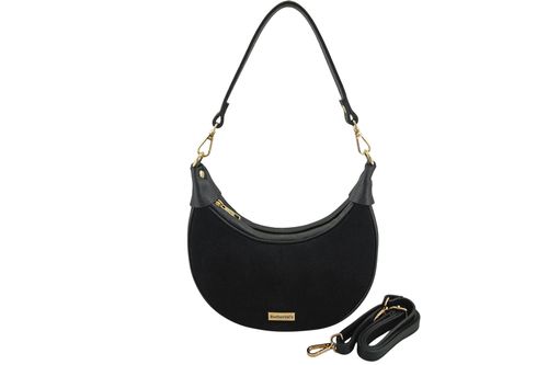 Subtelna mini torebka z miękkim zamszem i złotymi detalami - Czarna na Arena.pl