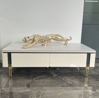 Stolik kawowy złoty nowojorskiława z kamiennym blatem marmurkowym 130x70x38