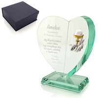 Prezent na I Komunię statuetka serce z grawerem i emblematem hostią