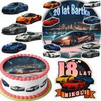 ZESTAW OPŁATEK NA TORT 20CM + 16 POSTACI - SUPER AUTA + IMIĘ 15CM 18CM