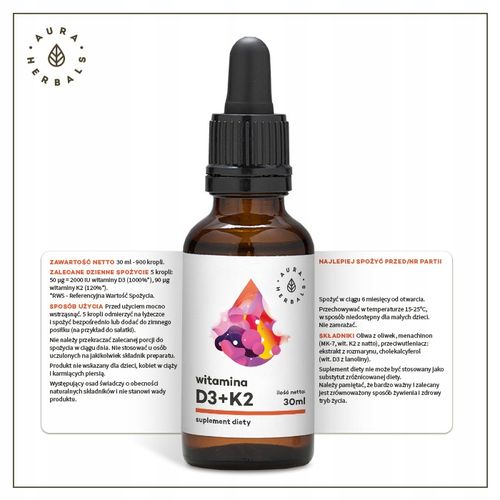 AURA HERBALS Witamina D3 + K2MK7 w kroplach 30 ml na Arena.pl