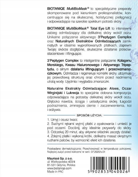 BIOTANIQE MULTIBIOMASK PŁATKI POD OCZY LIFTINGUJĄCE 2 SZT zdjęcie 2