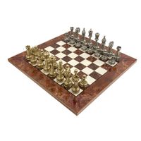 Szachy metalowe 42 cm – ozdobne figury, deska z korzenia wiązu