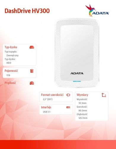 Adata DashDrive HV300 1TB 2.5 USB3.1 Biały na Arena.pl