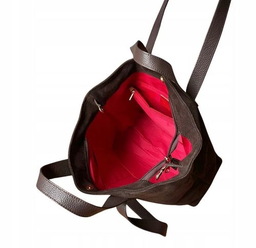 Czekoladowa zamszowa torebka A4 shopper ZAMSZ + SKÓRA NATURALNA Vera na Arena.pl