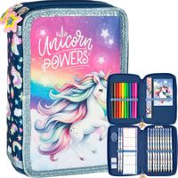 BACKUP PIÓRNIK SZKOLNY DWUKOMOROWY WYPOSAŻENIE KREDKI PISAKI JEDNOROŻEC