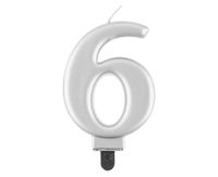 Świeczka na tort cyfra 6 srebrna metaliczna
