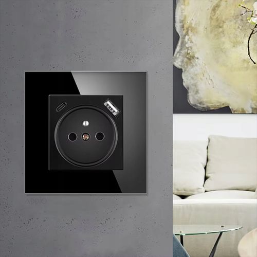 Gniazdko pojedyncze SZKLANE 230V KONTAKT z BOLCEM uziemieniem CZARNE USB C na Arena.pl