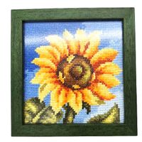 Ręcznie Haftowany Obraz Słonecznika w Zielonej Ramce