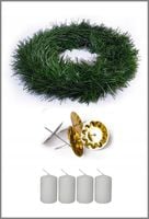 Zestaw do zrobienia wieńca adwentowego, białe świece, wieniec, podstawki