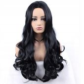PERUKA DAMSKA DŁUGIE WŁOSY CZARNE KRUCZE FALE COSPLAY PRZEBRANIE W34