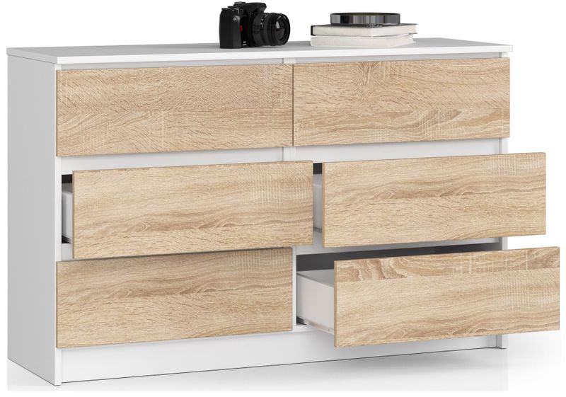 KOMODA K 120 cm 6 SZUFLAD BIAŁA / SONOMA zdjęcie 2