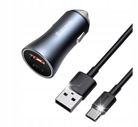 SZYBKA ŁADOWARKA SAMOCHODOWA 40W PD QC USB-C / USB + KABEL USB-C SZARY