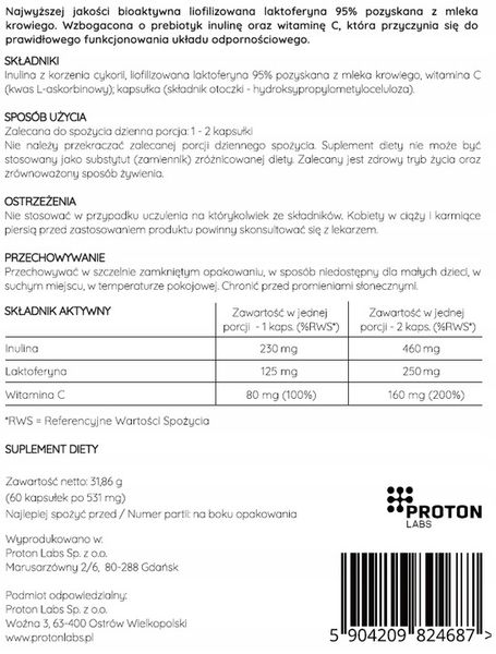 PROTON LABS Laktoferyna LFD 95% 250mg + wit C 60 kaps (30 porcji) zdjęcie 1