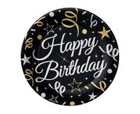 Talerzyki papierowe Happy Birthday czarne, 18 cm 6 szt.