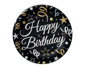 Talerzyki papierowe Happy Birthday czarne, 18 cm 6 szt.
