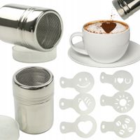 POJEMNIK Z SITKIEM DO POSYPYWANIA KAWY CIASTA CUKREM KAKAO + 6 SZABLONÓW