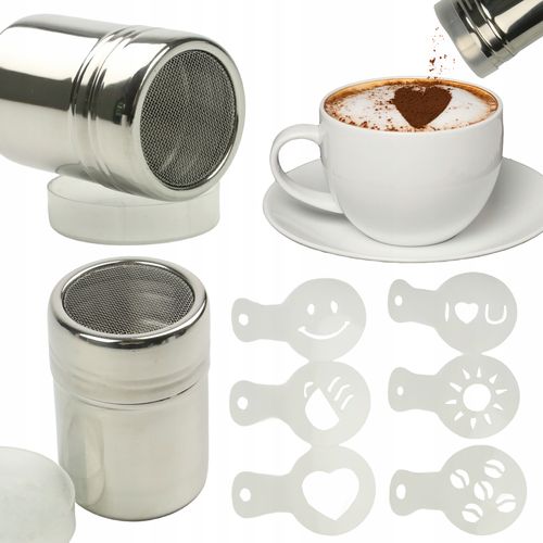 POJEMNIK Z SITKIEM DO POSYPYWANIA KAWY CIASTA CUKREM KAKAO + 6 SZABLONÓW na Arena.pl