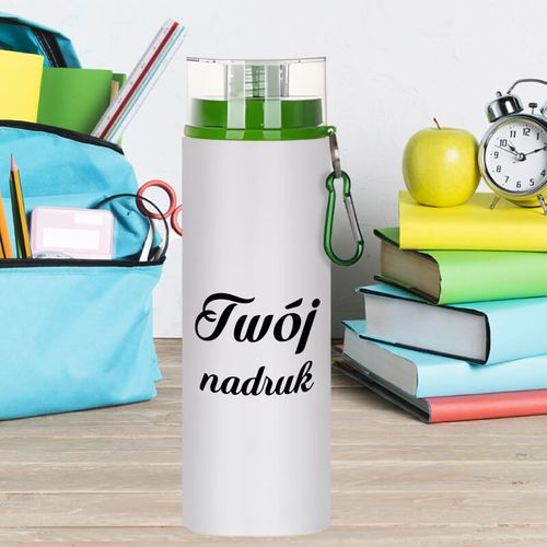 Biały bidon 850 ml z Twoim nadrukiem zielony karabińczyk na Arena.pl